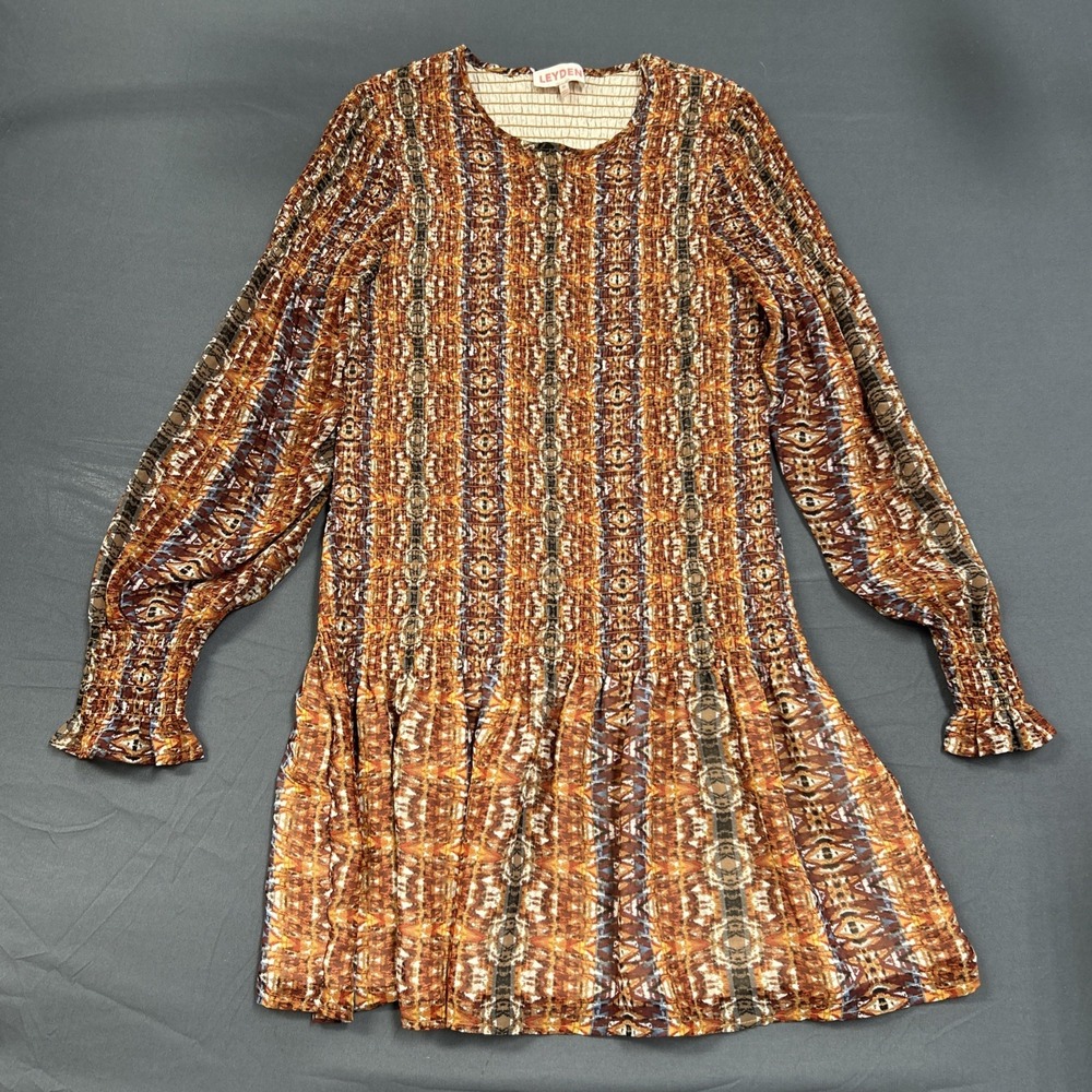 Leyden Orange & Brown Abstract Smocked Drop-Waist Dress Size XL